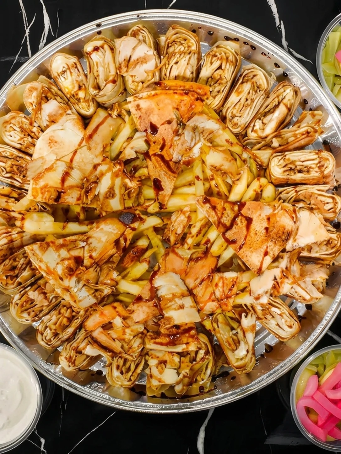 Overhead spread of halal Middle Eastern dishes at Al Zain London, Ontario — shawarma, falafel, hummus, manakish and pita