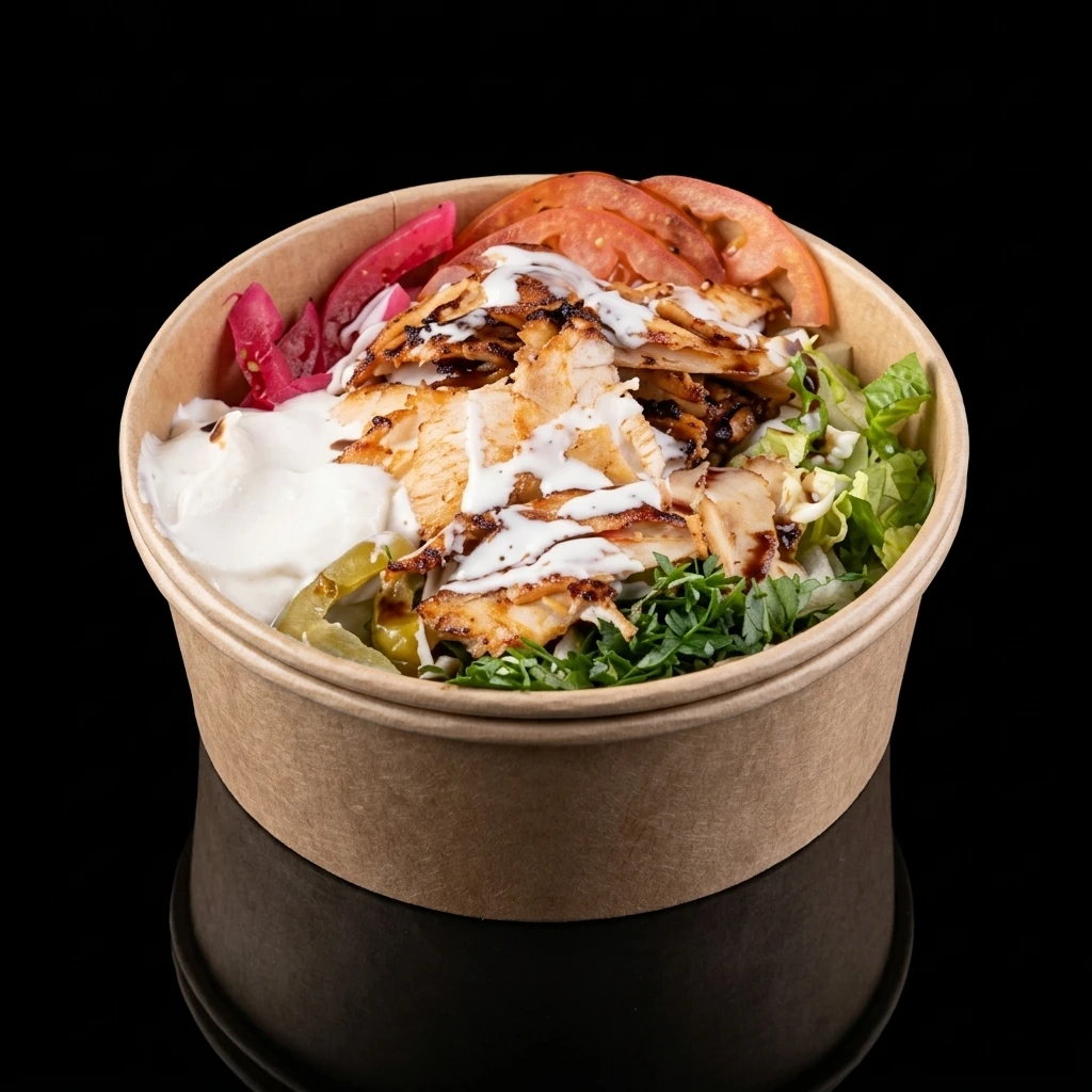 Chicken shawarma bowl with rice, fries and garlic sauce at Al Zain London, Ontario