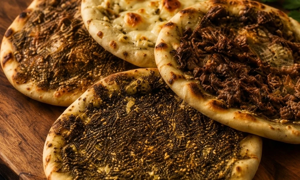 Manakish flatbread topped with za'tar and cheese at Al Zain, halal restaurant in London, Ontario